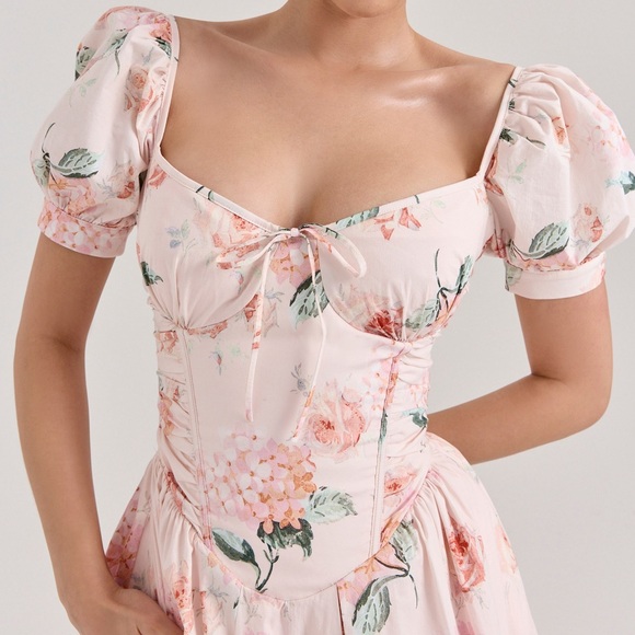 House of CB Lulabell Peach Floral Cotton Puff Sleeve Midi Dress Corset Back A-C - Picture 7 of 15